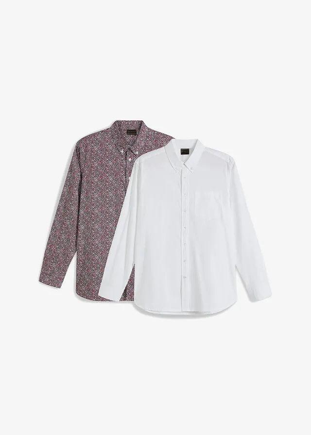 camisa business Blanco liso + rojo oscuro estampado