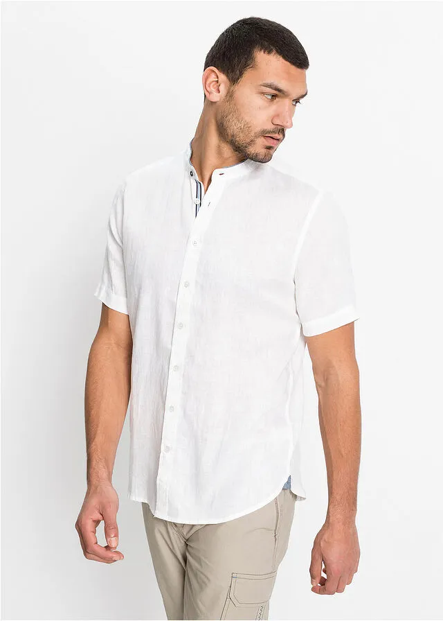 Camisa de lino con manga corta y cuello alto Blanco