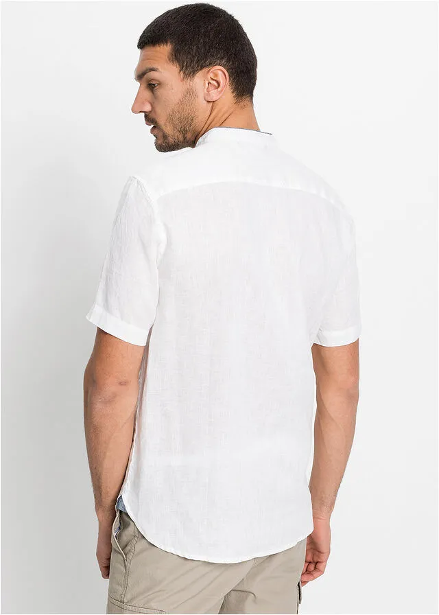 Camisa de lino con manga corta y cuello alto Blanco