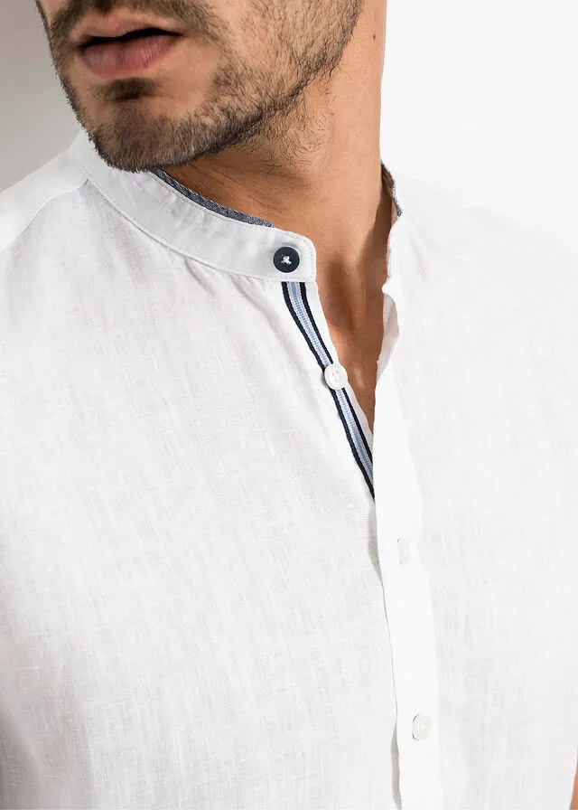 Camisa de lino con manga corta y cuello alto Blanco