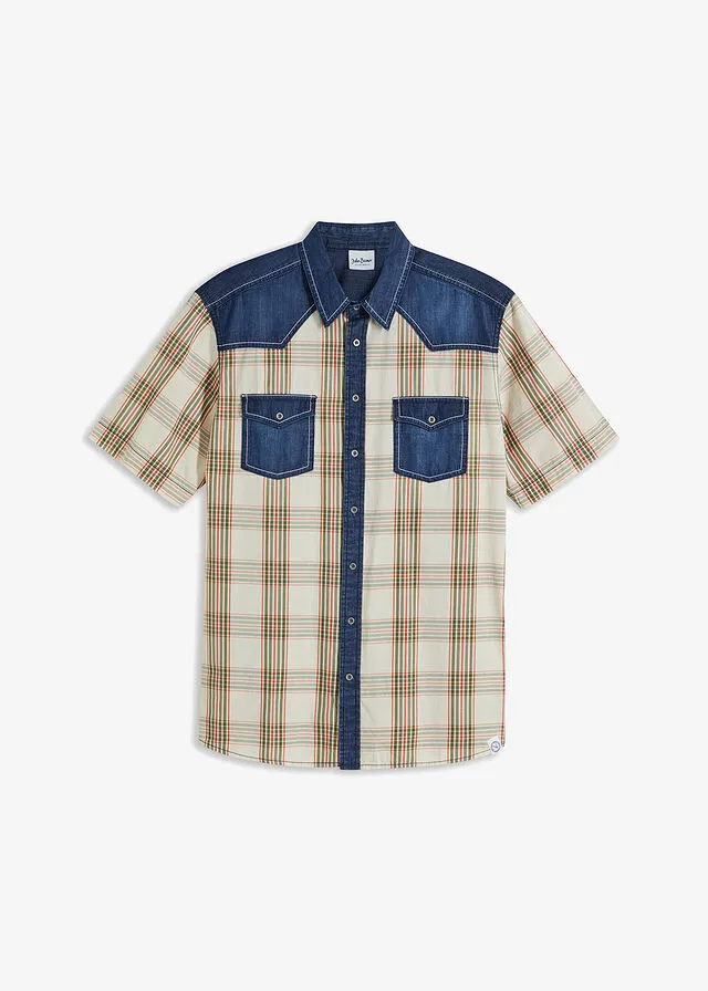 Camisa de manga corta con ribete vaquero Beige de cuadros