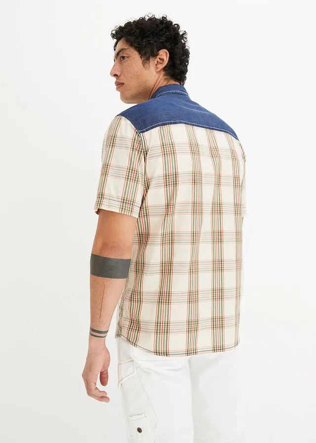 Camisa de manga corta con ribete vaquero Beige de cuadros