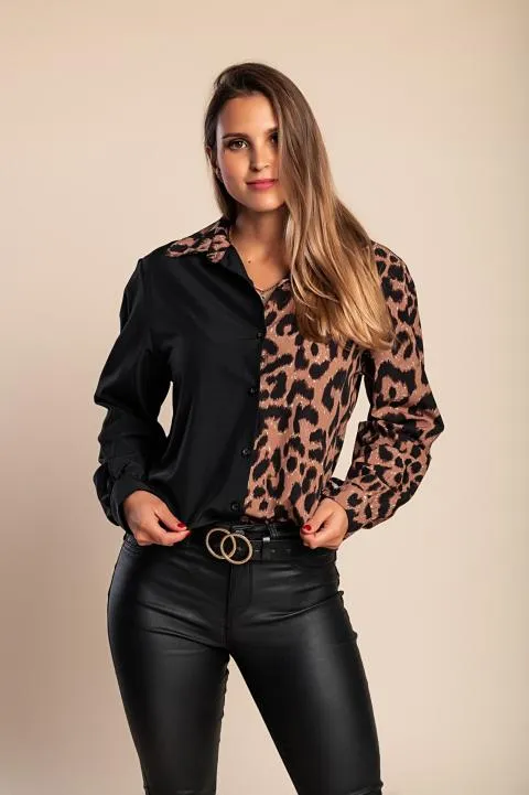 Camisa elegante con estampado de leopardo, negro/leopardo