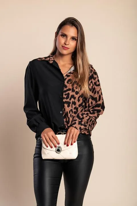 Camisa elegante con estampado de leopardo, negro/leopardo