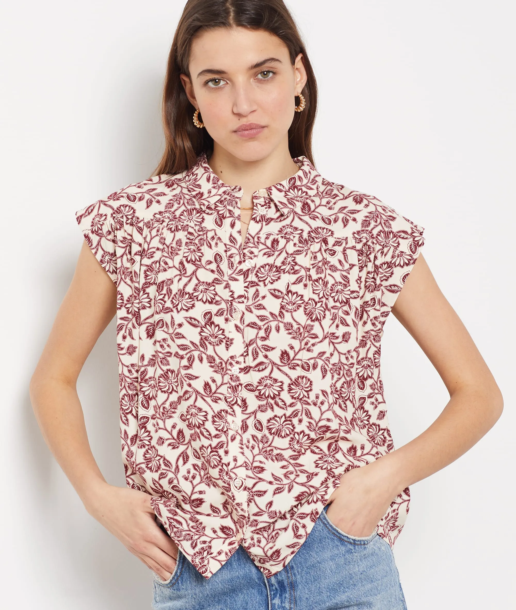 Camisa manga corta estampado floral AERA IMP FD BLANC - ETAM