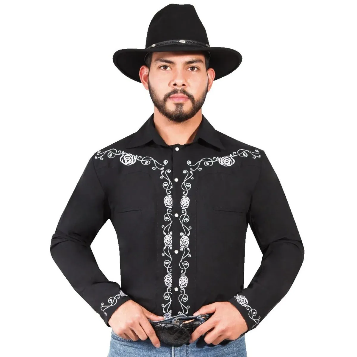 Camisa Vaquera Bordada El Seor de los Cielos Color Negro GEN-42937