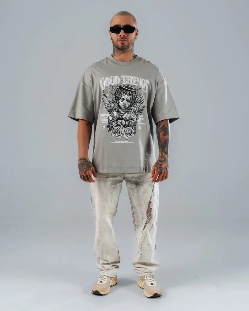 Camiseta Para Hombre Oversize Gris Cemento Angel Chicano