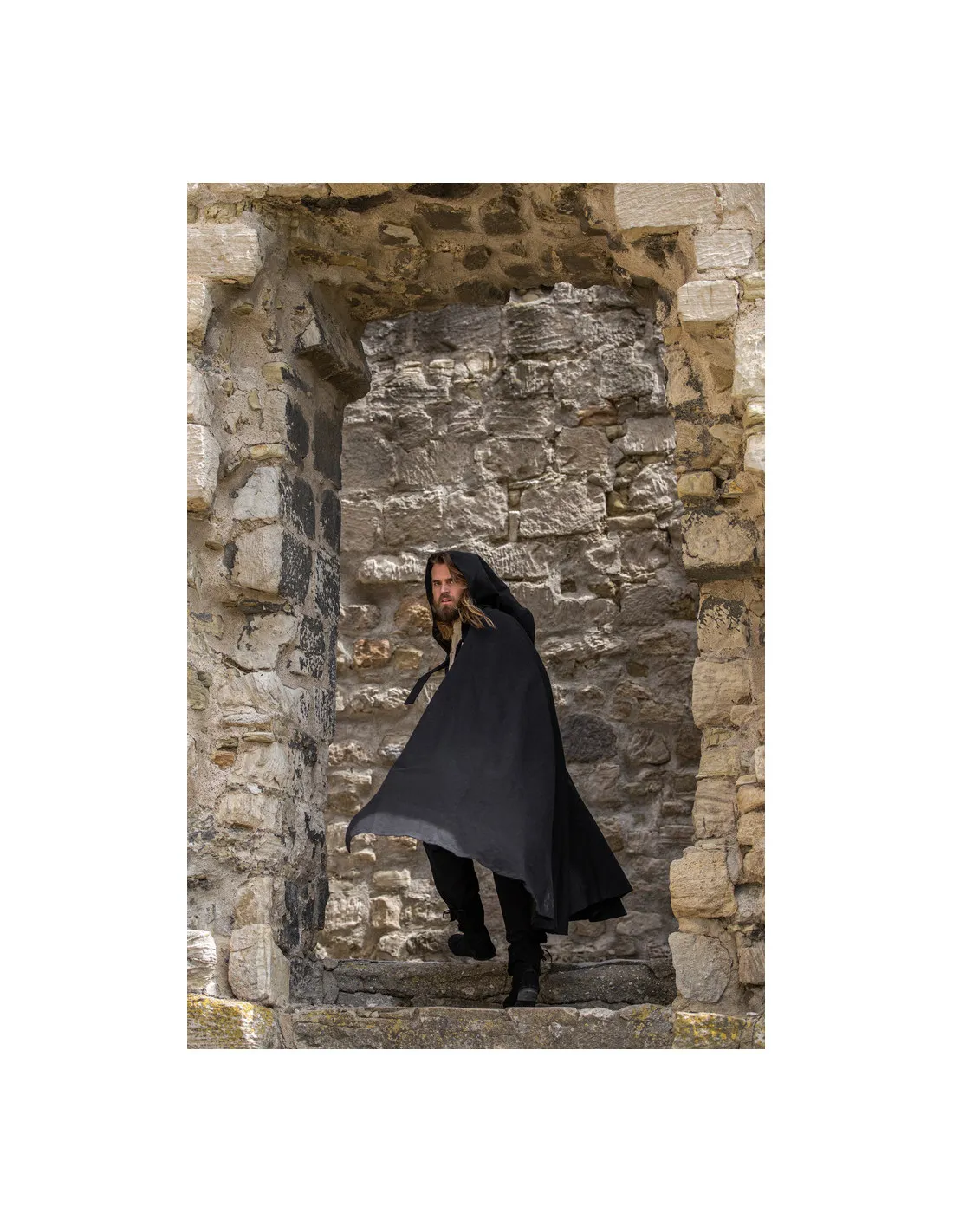 Capa medieval clásica Elinor negra con capucha corta, Unisex