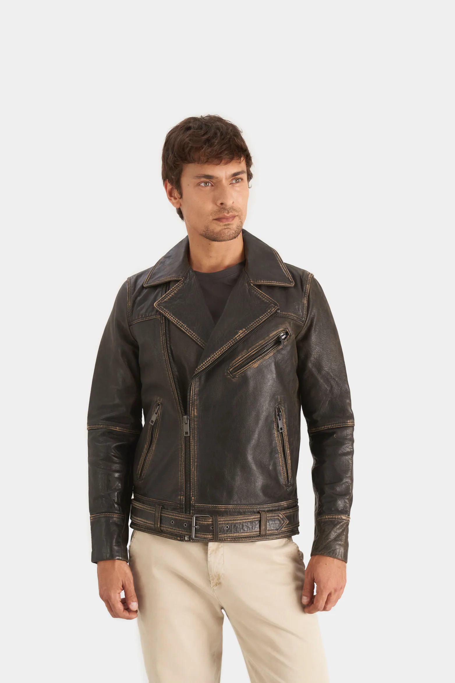 Chaqueta biker draco de cuero para hombre efecto vintage