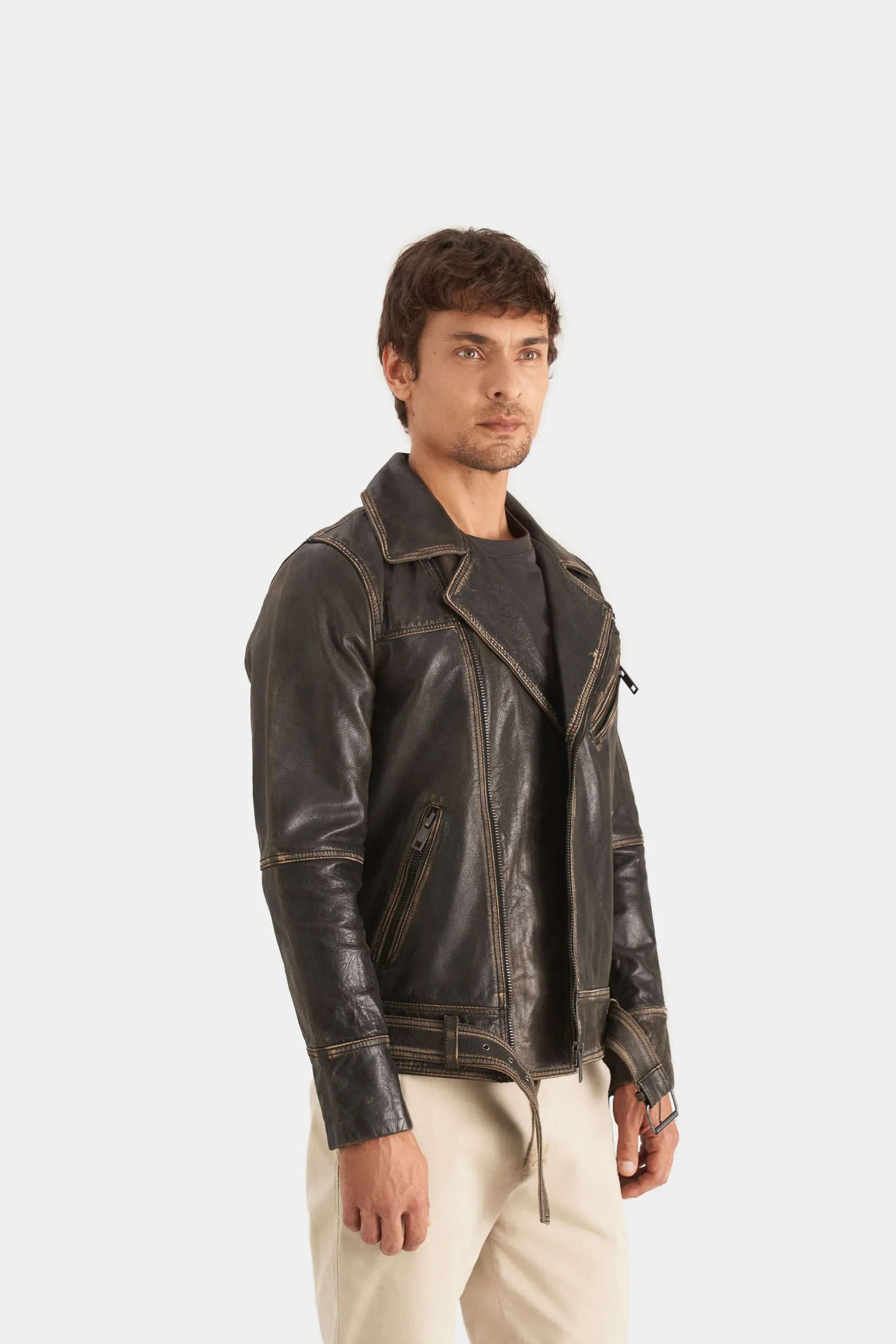 Chaqueta biker draco de cuero para hombre efecto vintage