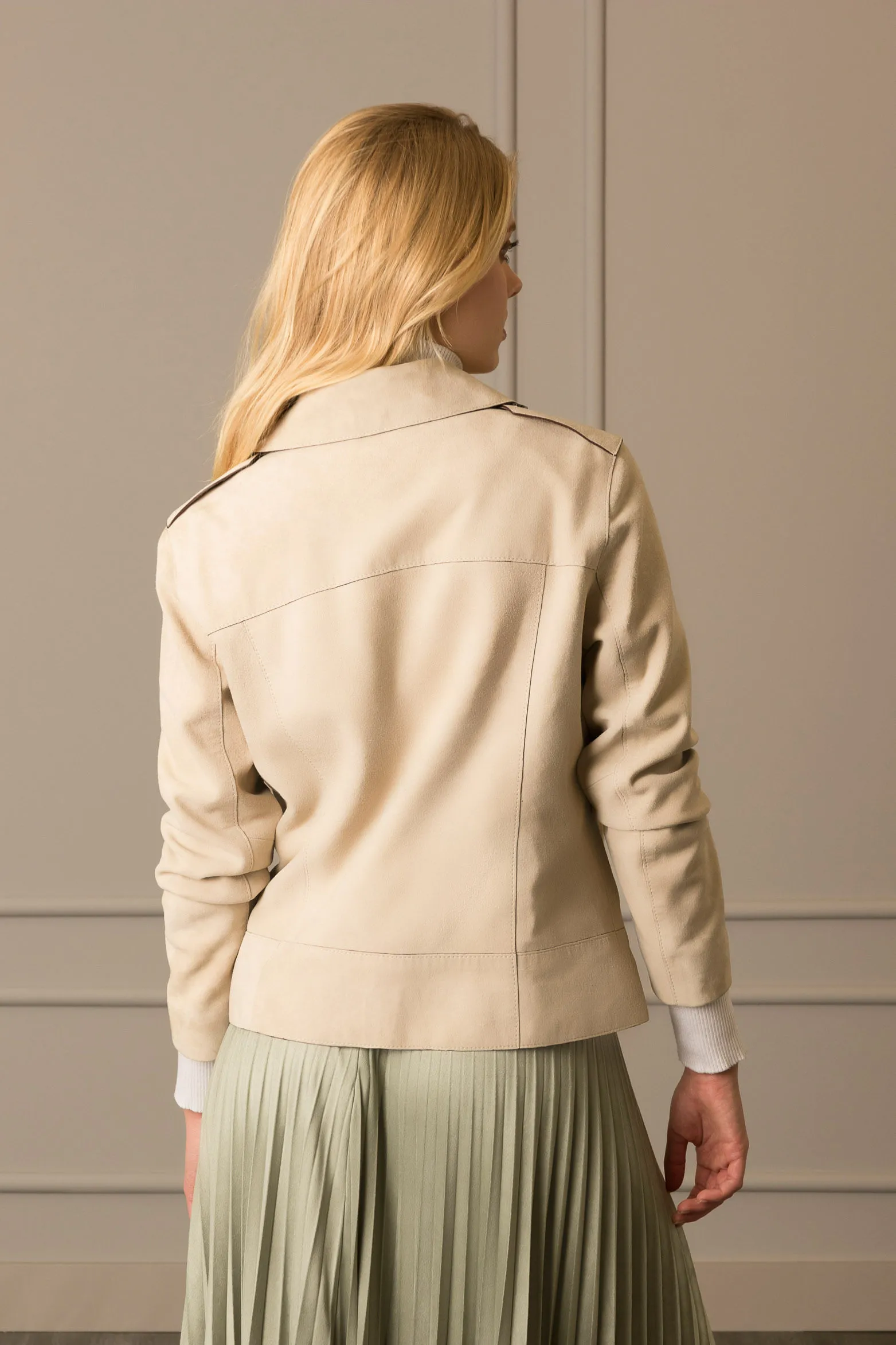 Chaqueta biker en gamuza ovina para mujer mora Beige