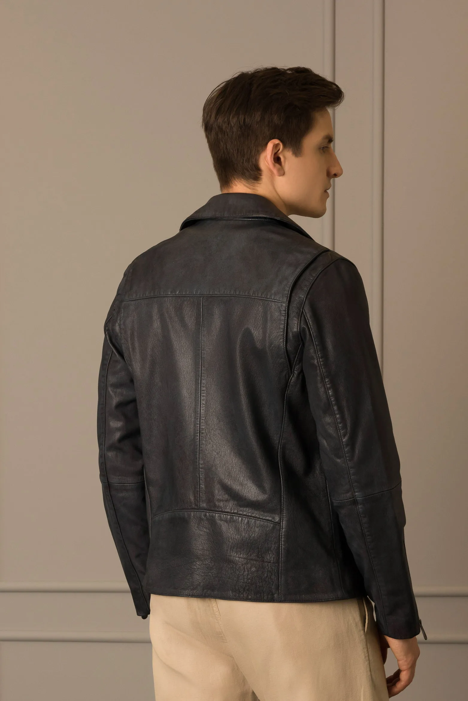 Chaqueta biker sauco de cuero para hombre efecto vintage