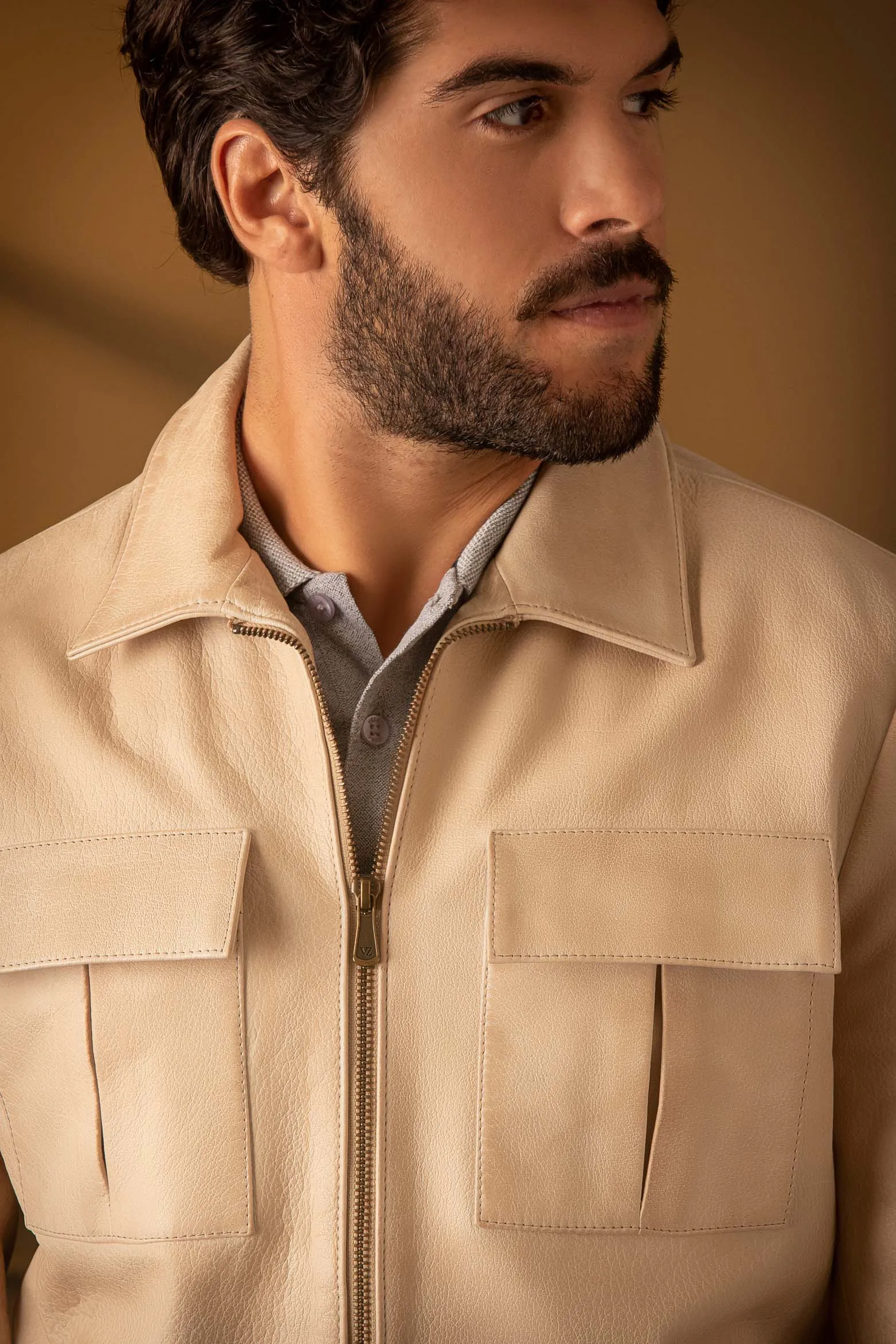 Chaqueta cargo sumapaz de cuero para hombre bolsillos Camel