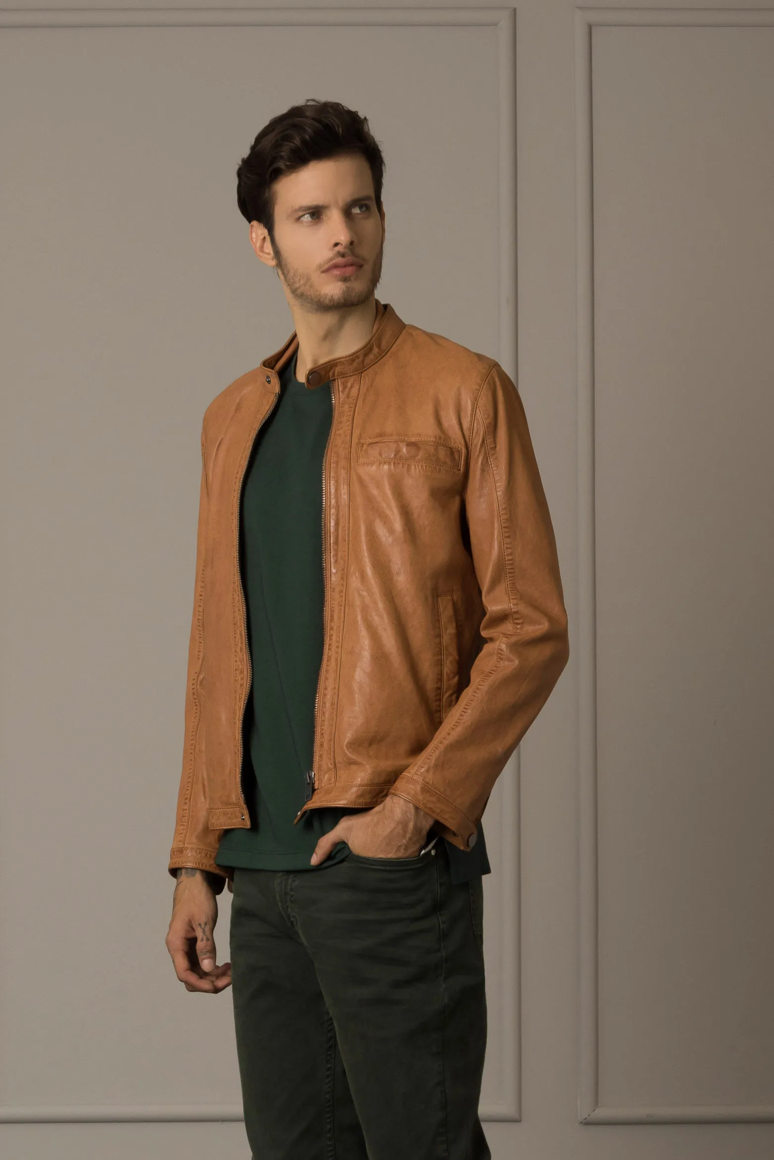 Chaqueta rider pakistan de cuero para hombre cuello nerú