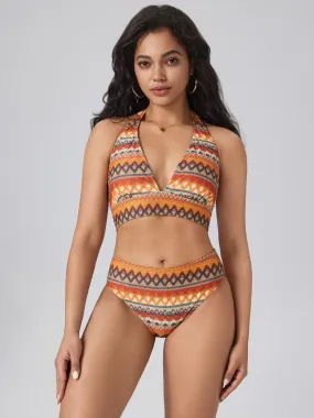 Conjunto de Bikini de Rayas Geométricas con Cuello Halter Vacaciones en Atardecer de Miami