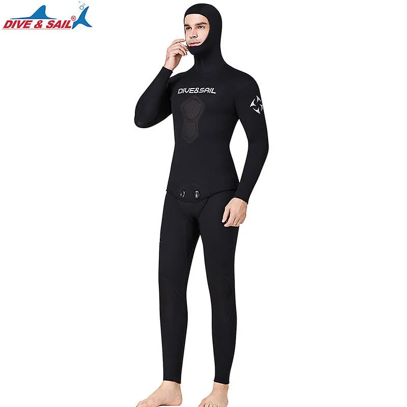 DIVE&SAIL Men 1.5mm Neoprene 2-pieces Hooded Long Sleeve Scuba Diving Suit Full Body Keep Warm Snorkeling Suits