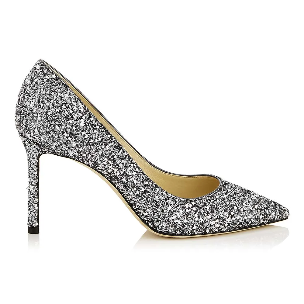 Jimmy Choo Mujeres Romy 85 Gunmetal Star Zapatos De Tacón Puntiagudo De Tela Con Brillo Grueso-Negro