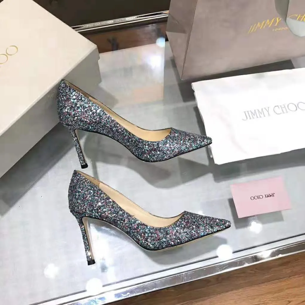 Jimmy Choo Mujeres Romy 85 Gunmetal Star Zapatos De Tacón Puntiagudo De Tela Con Brillo Grueso-Negro