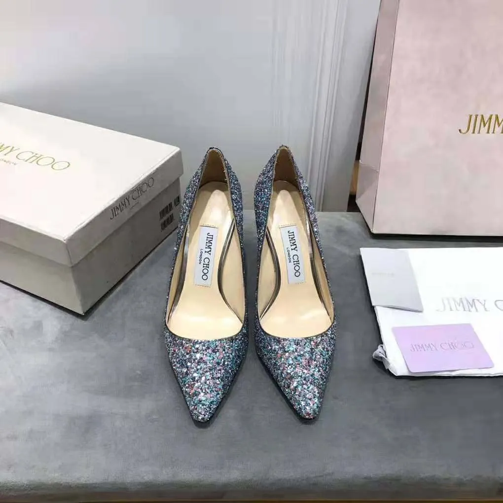 Jimmy Choo Mujeres Romy 85 Gunmetal Star Zapatos De Tacón Puntiagudo De Tela Con Brillo Grueso-Negro