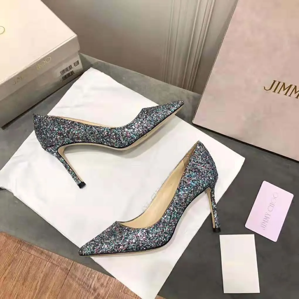 Jimmy Choo Mujeres Romy 85 Gunmetal Star Zapatos De Tacón Puntiagudo De Tela Con Brillo Grueso-Negro