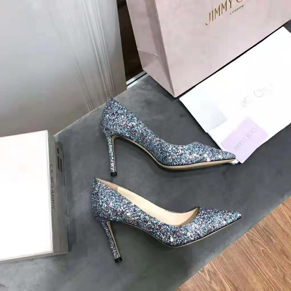 Jimmy Choo Mujeres Romy 85 Gunmetal Star Zapatos De Tacón Puntiagudo De Tela Con Brillo Grueso-Negro