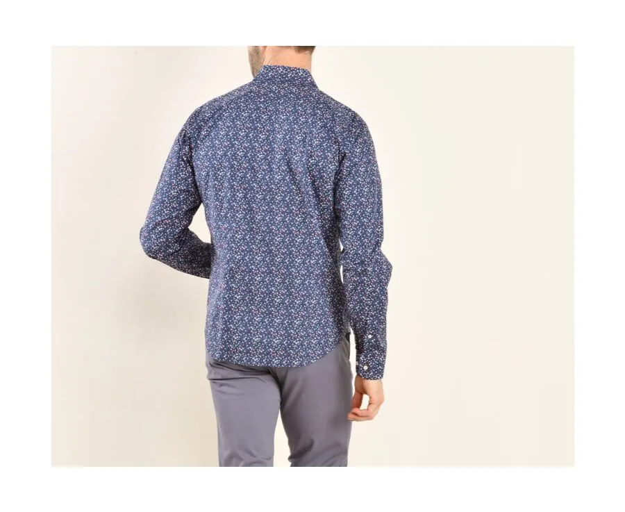 Navy cotton shirt with coral flowers print - WILROSE