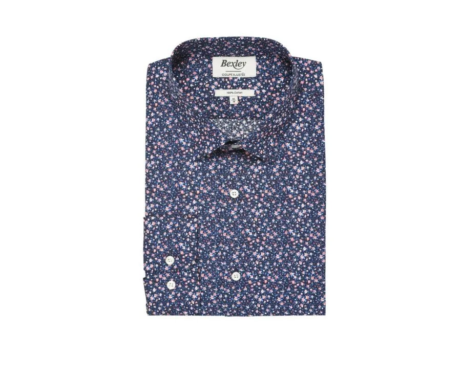 Navy cotton shirt with coral flowers print - WILROSE