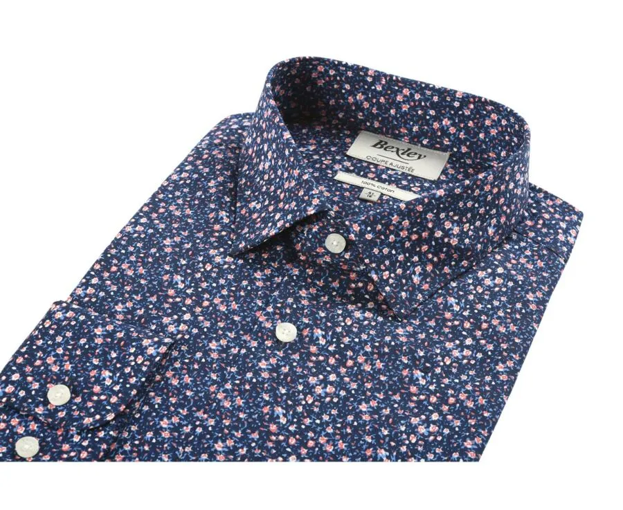 Navy cotton shirt with coral flowers print - WILROSE