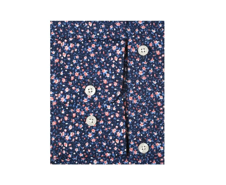 Navy cotton shirt with coral flowers print - WILROSE