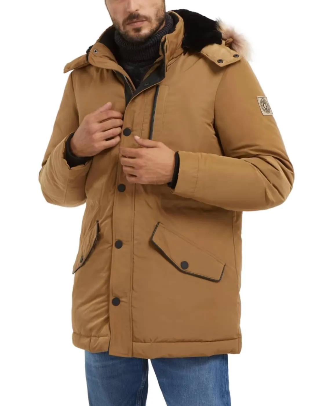 Parka Guess Real verde caqui con capucha desmontable hombre