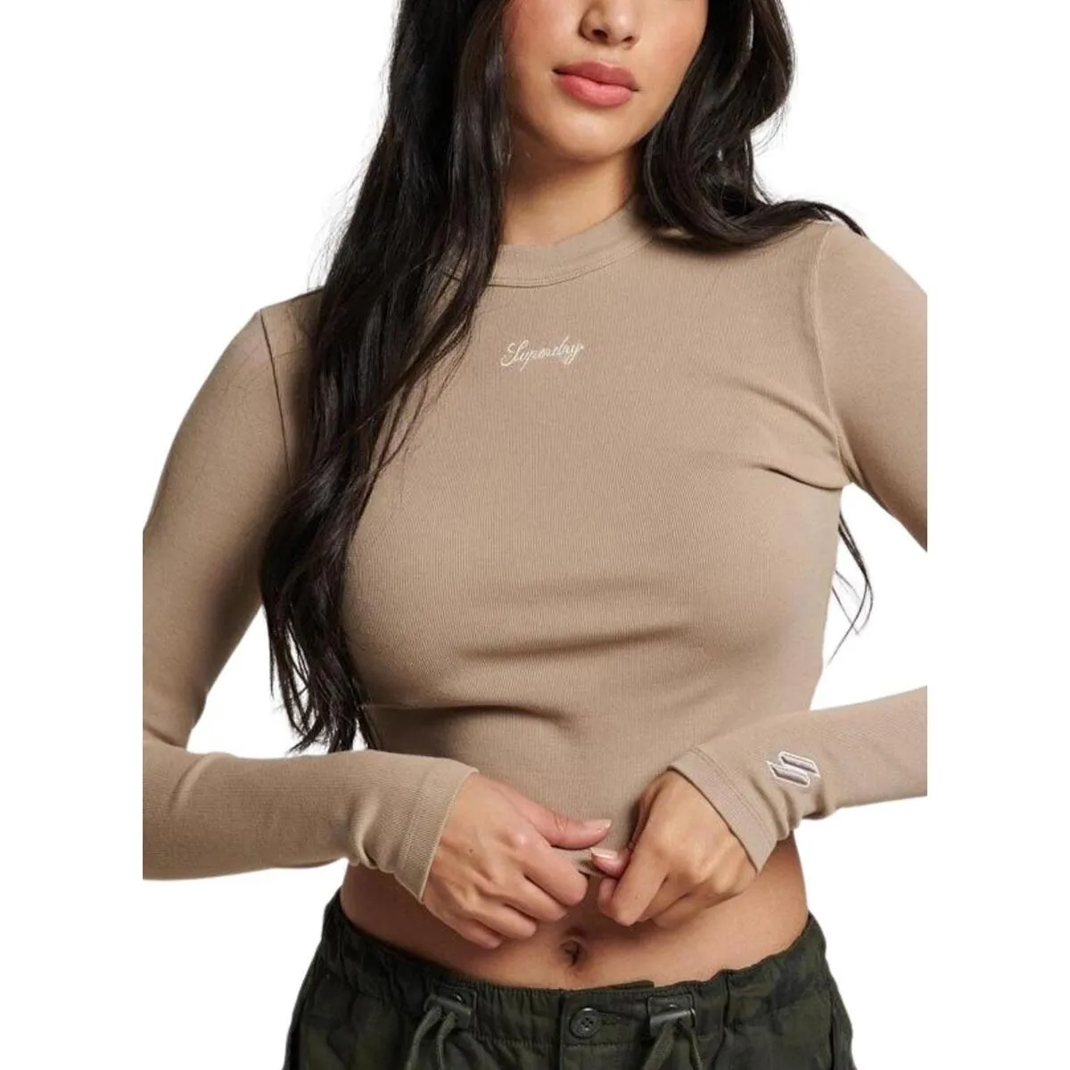 RIB LONG SLEEVE EMB FITTED TOP