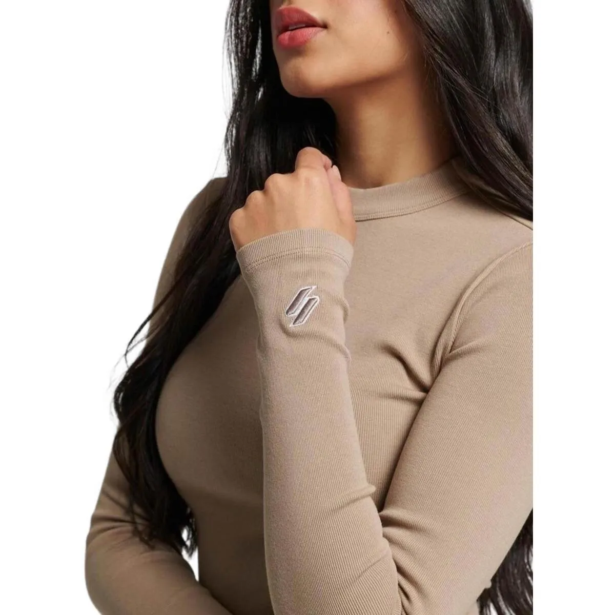 RIB LONG SLEEVE EMB FITTED TOP