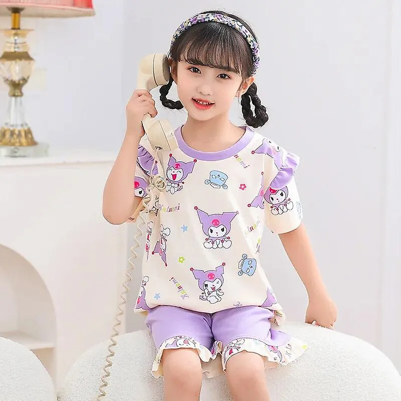 Sanrios Kawaii Anime Kuromi Hello Kitty Pochacco Cute Cartoon Pajamas Kids Summer Thin Short Sleeve Homewear Set Birthday Gift