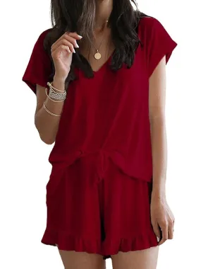 Solid Color Home Loungewear V-neck Short Sleeve Two Piece Set