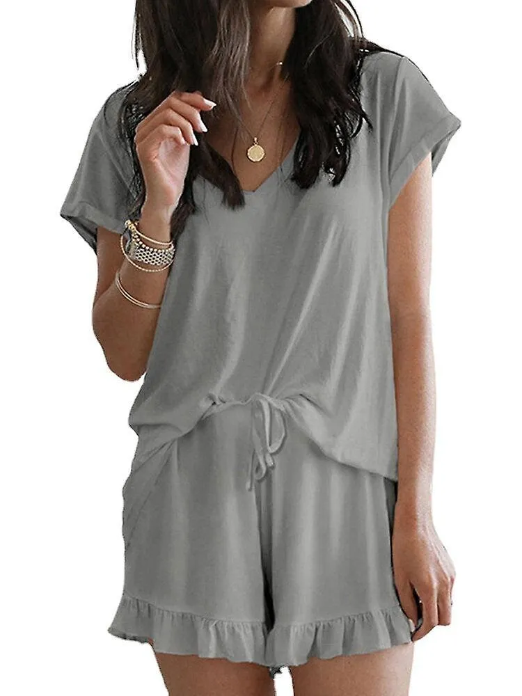 Solid Color Home Loungewear V-neck Short Sleeve Two Piece Set