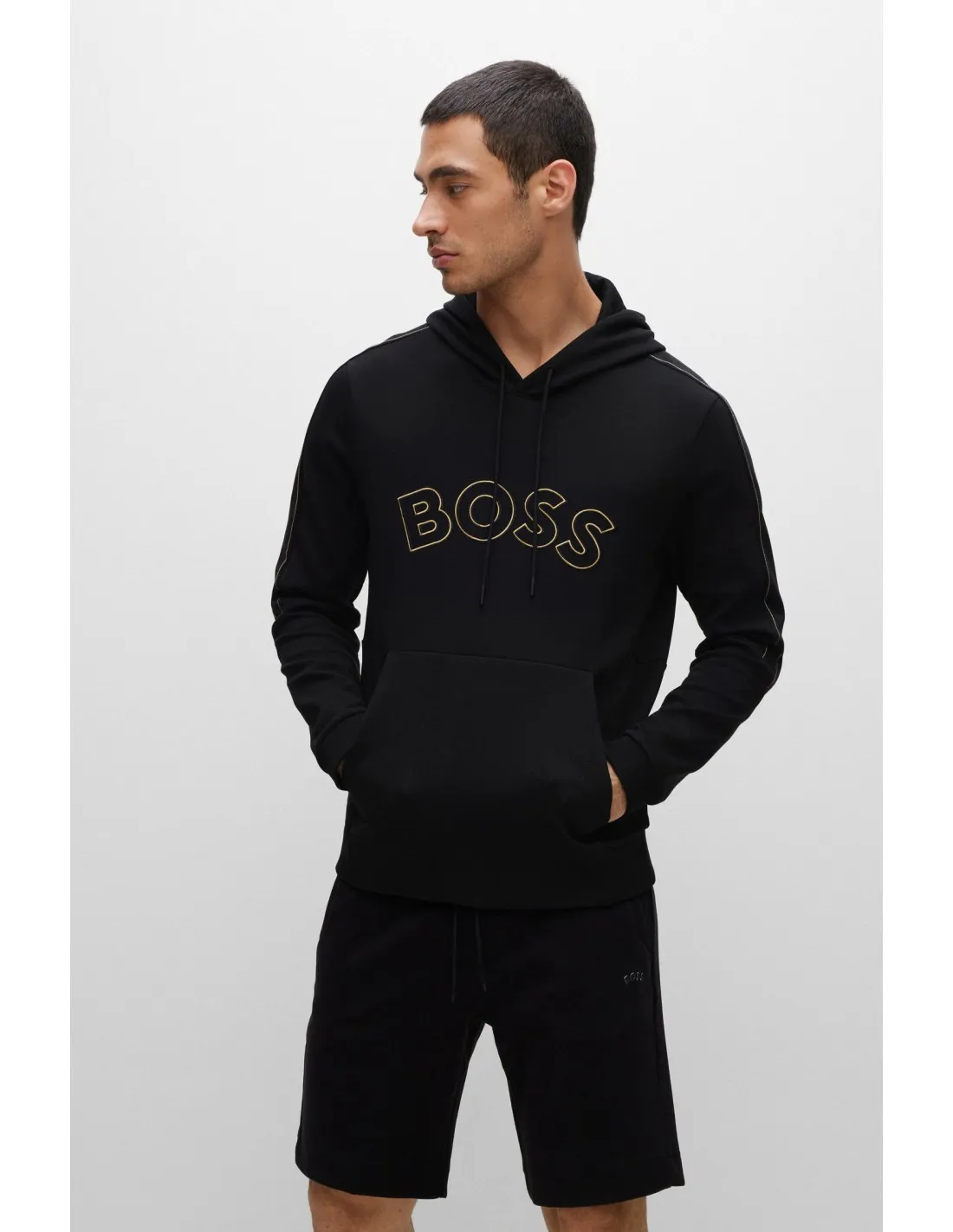 Sudadera con capucha en mezcla de algodón con logo curvado y diseño de cuadrícula de Boss