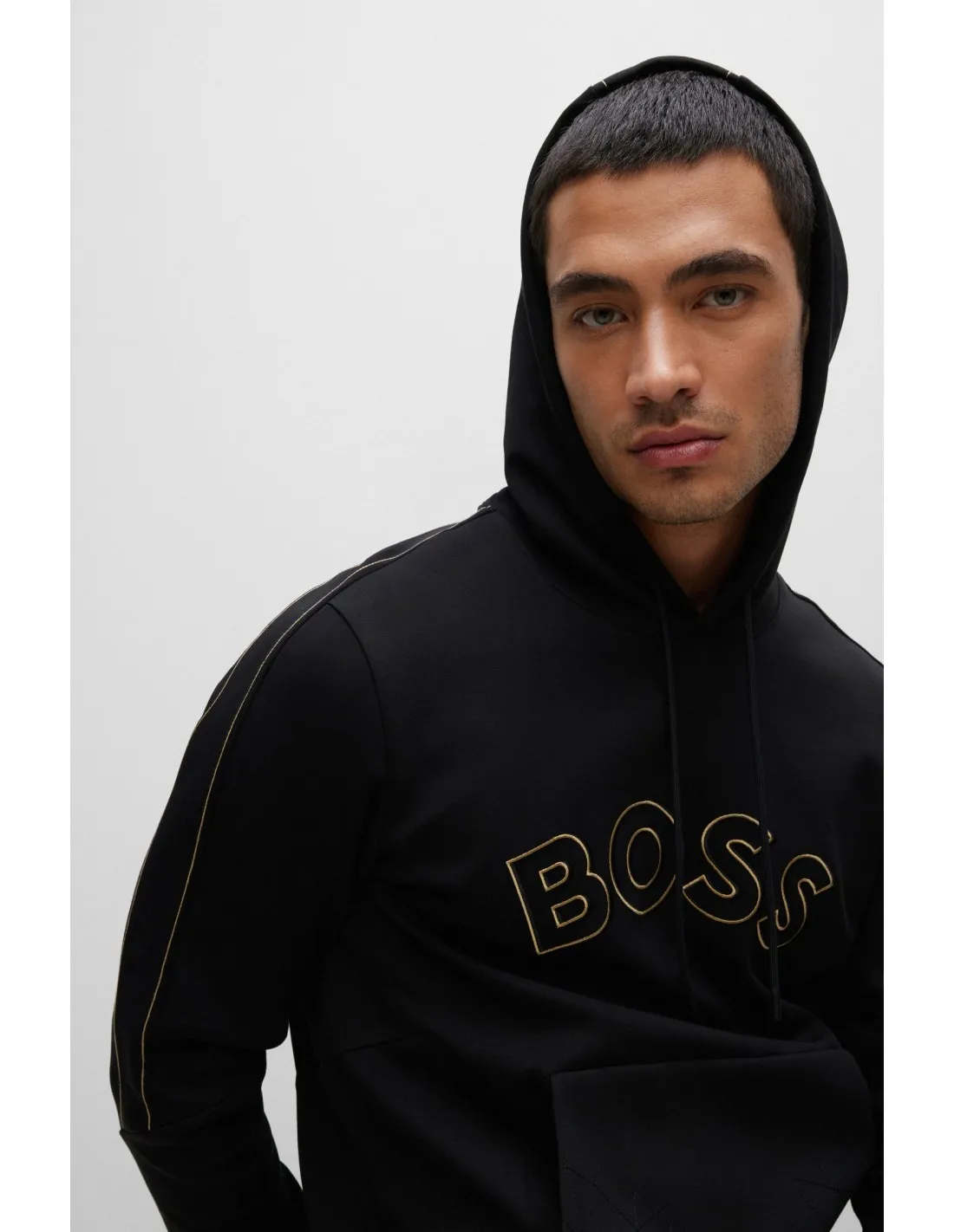 Sudadera con capucha en mezcla de algodón con logo curvado y diseño de cuadrícula de Boss