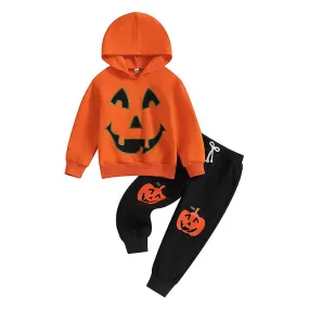 Suefunskry Kids Halloween Outfits Pumpkin/skeleton Print Long Sleeve Hood Pullover Sweatshirt Long Pants Fall 2pcs Set 3-7years