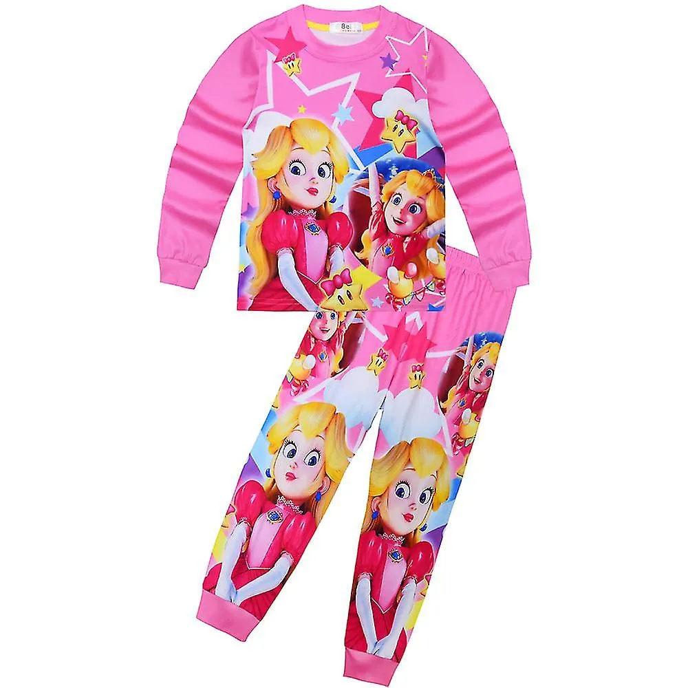 Super Mario Bros Princess Peach Print Kids Girls Pajamas Set Long Sleeve T-shirt Pants Outfit Loungewear