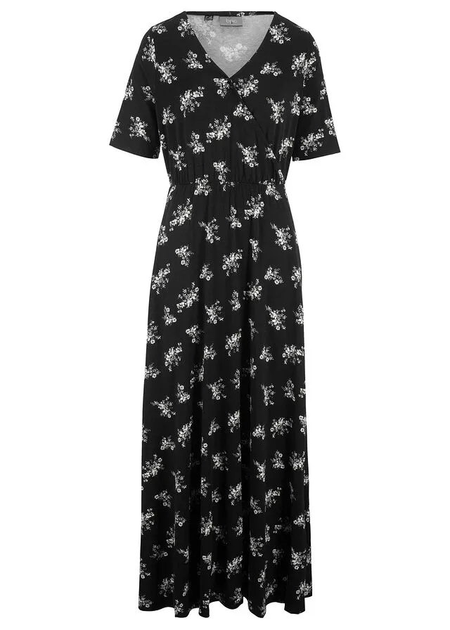 Vestido largo de viscosa estampado, manga corta Negro de flores