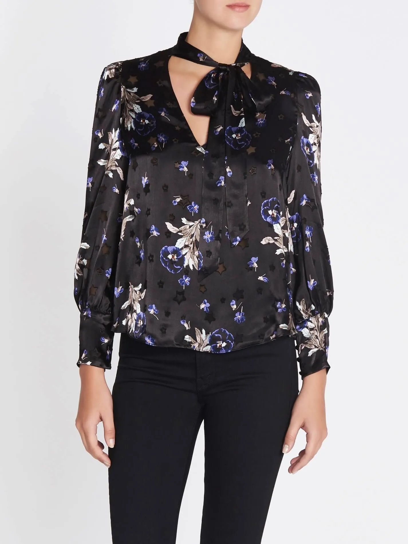 Violet Floral Satin Burnout Scarf Neck Top