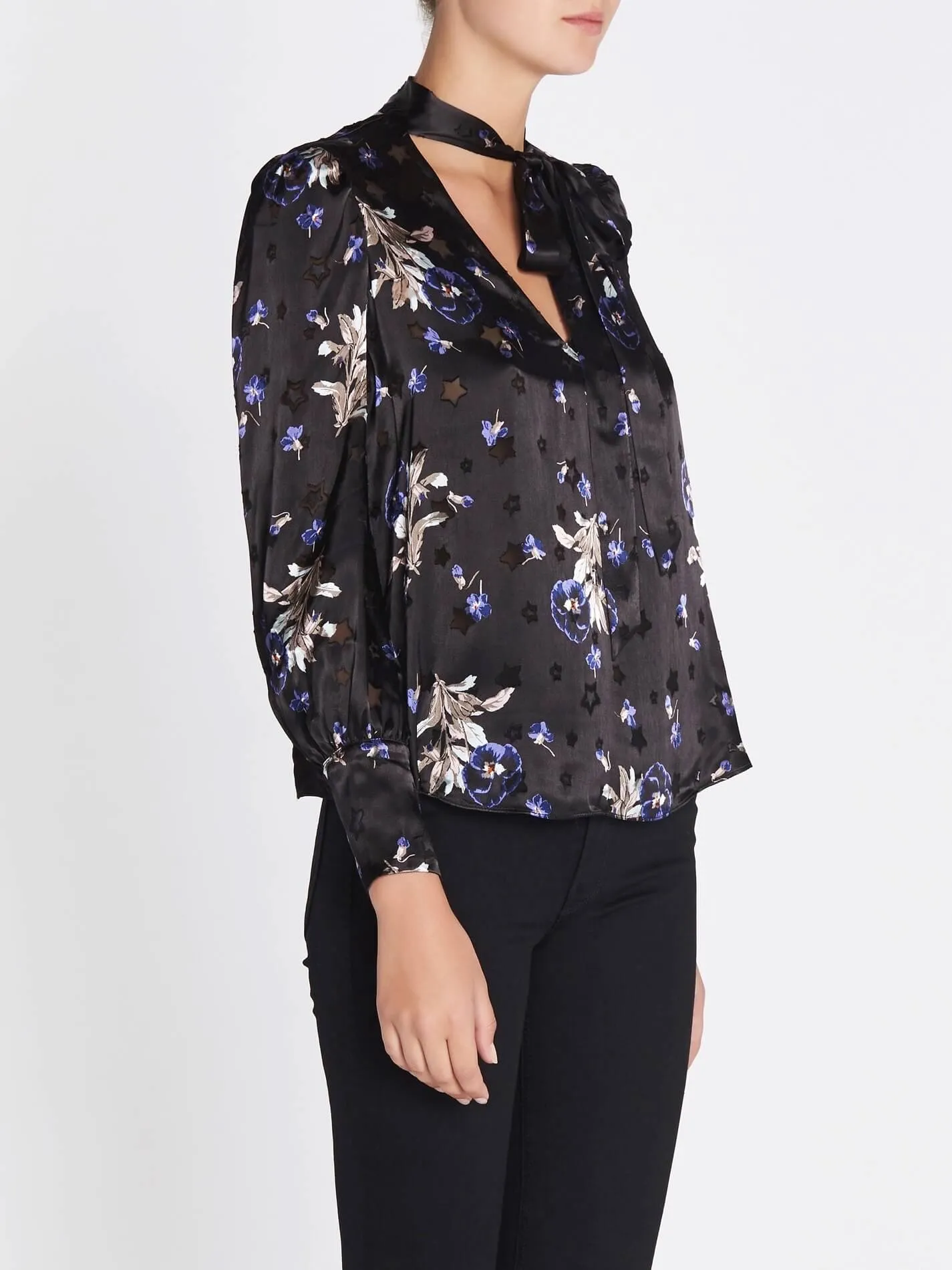 Violet Floral Satin Burnout Scarf Neck Top