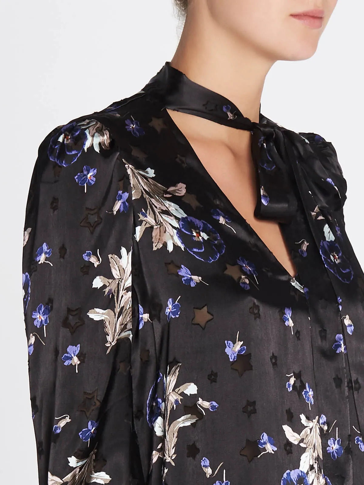 Violet Floral Satin Burnout Scarf Neck Top