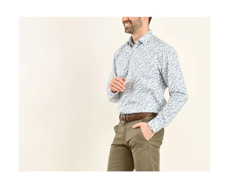 White cotton shirt with blue and beige flowers - THÉANDRE