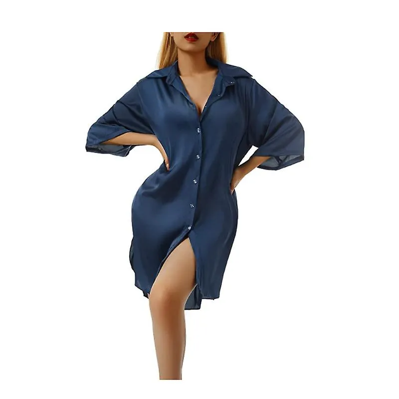 Womens Nightgown Sleepshirt Satin 3/4 Long Sleeve Button Down Pajama Tops Boyfriend Style Sleep Shirt Dress,blue