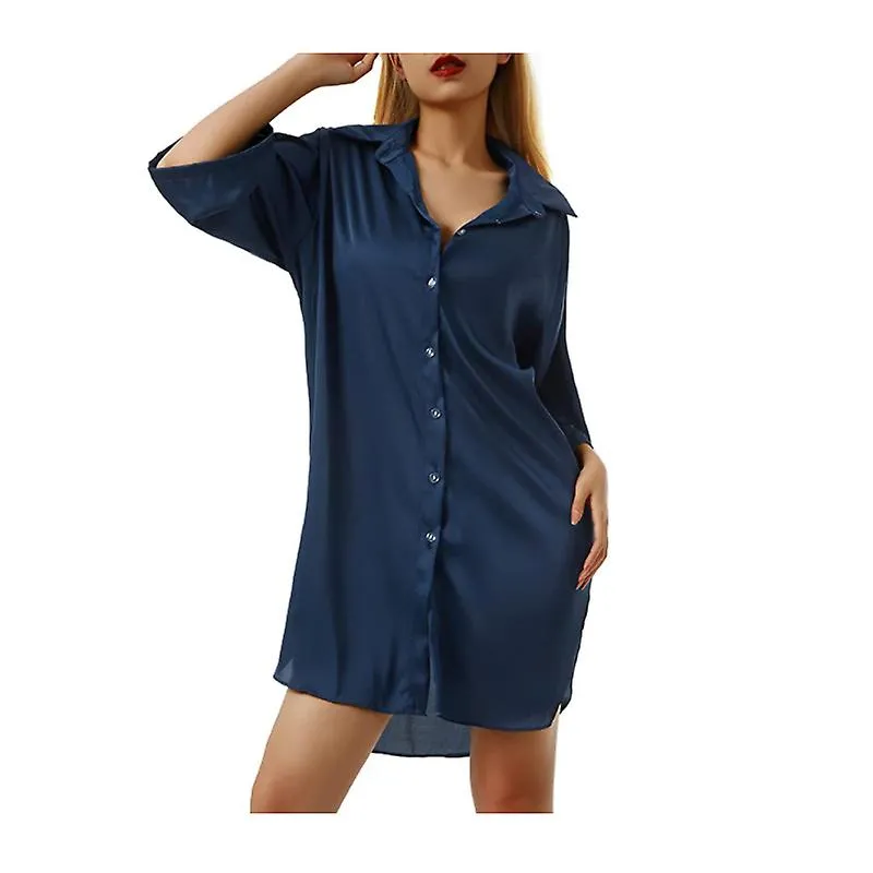 Womens Nightgown Sleepshirt Satin 3/4 Long Sleeve Button Down Pajama Tops Boyfriend Style Sleep Shirt Dress,blue