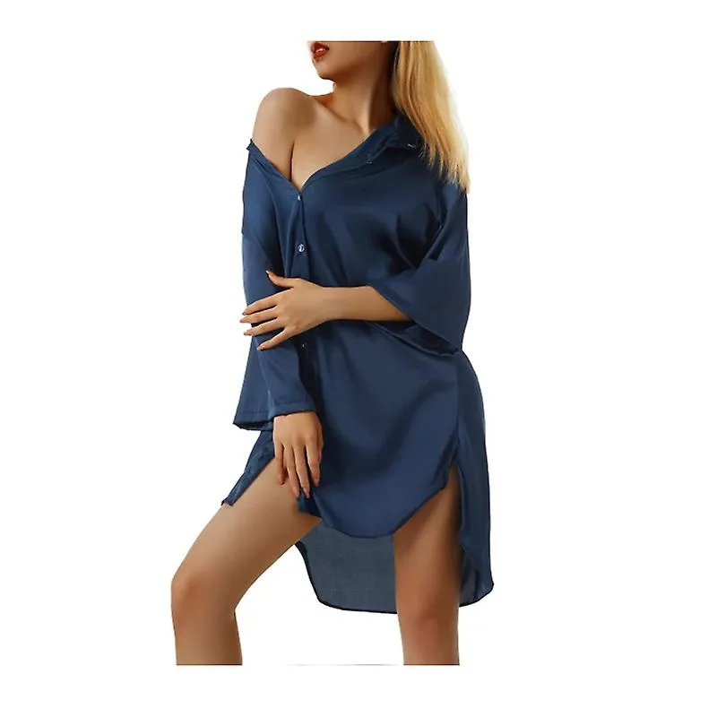 Womens Nightgown Sleepshirt Satin 3/4 Long Sleeve Button Down Pajama Tops Boyfriend Style Sleep Shirt Dress,blue