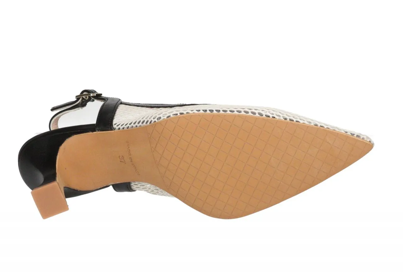 Zapato Talón Abierto Rejilla Beige Filos Piel Negro Tacón Medio