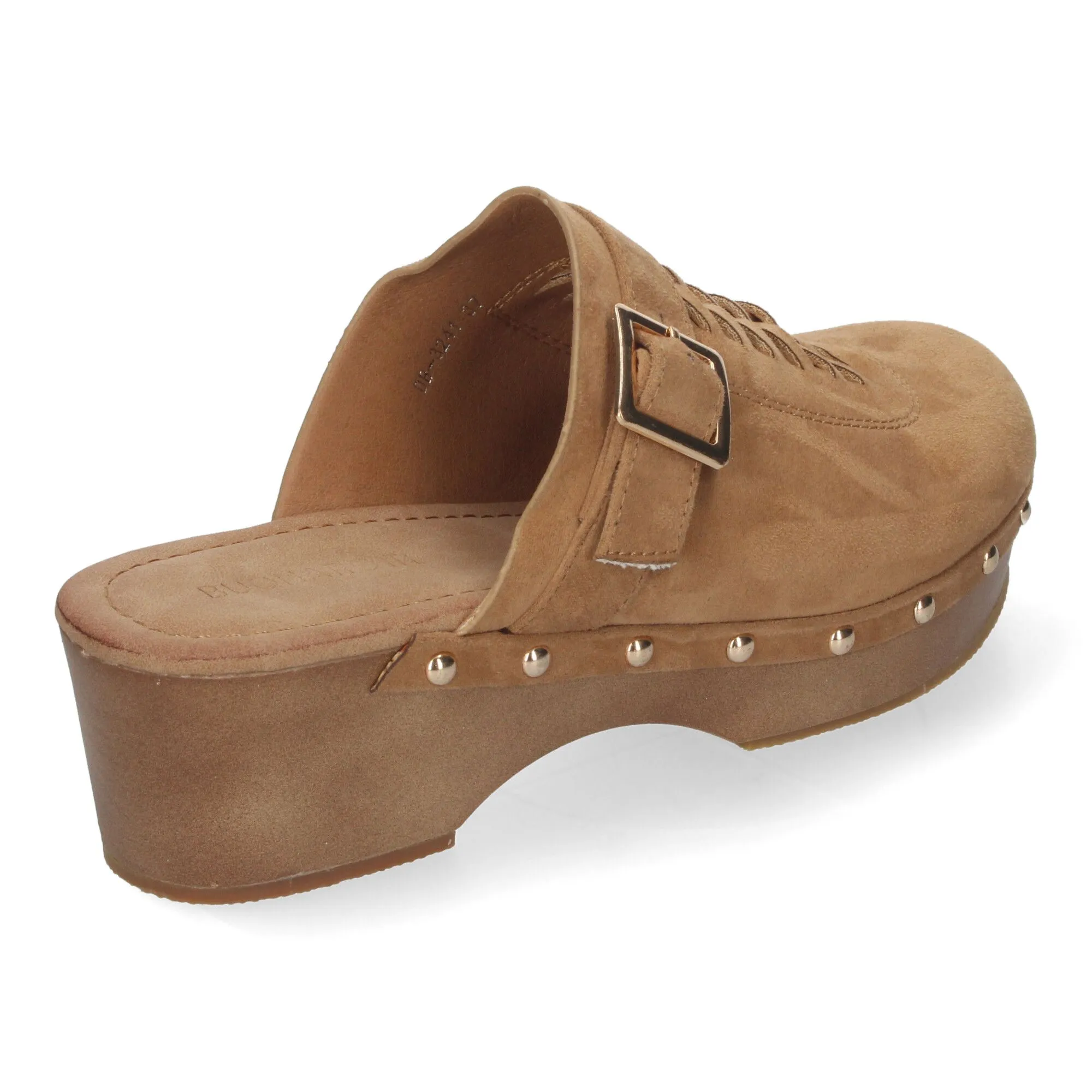 Zuecos de tacón y plataforma pala hebilla y tachuelas mujer color camel DB-3241